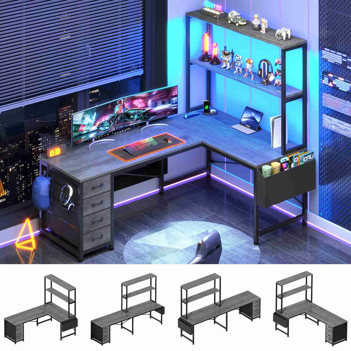 SEDETA 51.2 Inch Reversible L shaped Gaming Desk Small Corner Desk with LED Lights 4 Drawers and Storage Shelves