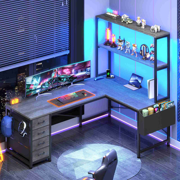 SEDETA 51.2 Inch Reversible L shaped Gaming Desk Small Corner Desk with LED Lights 4 Drawers and Storage Shelves