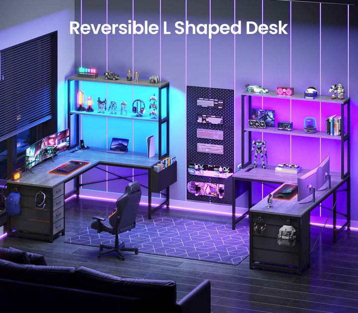 SEDETA 51.2 Inch Reversible L shaped Gaming Desk Small Corner Desk with LED Lights 4 Drawers and Storage Shelves