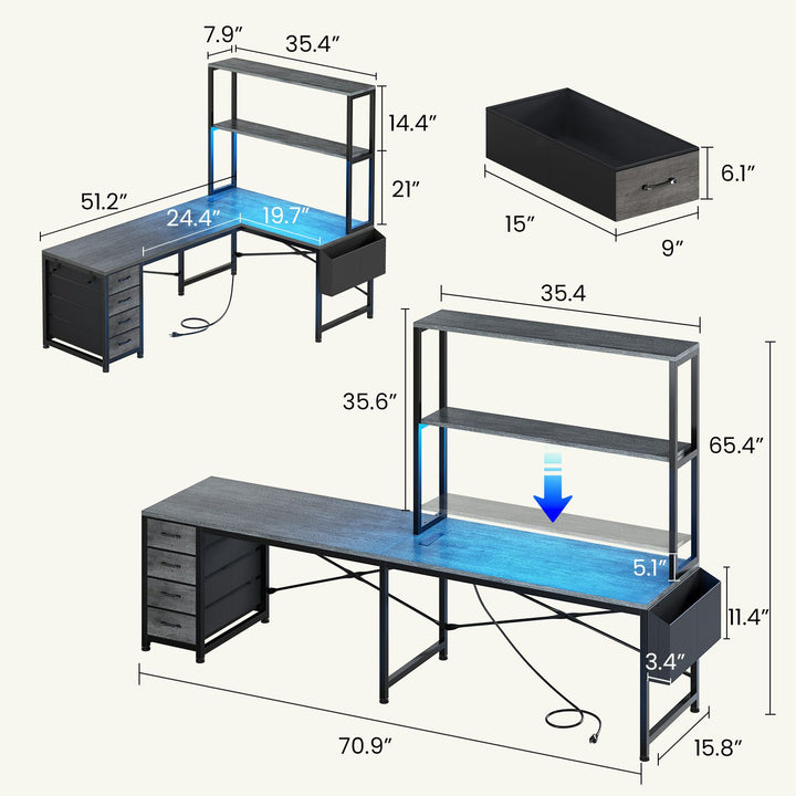 SEDETA 51.2 Inch Reversible L shaped Gaming Desk Small Corner Desk with LED Lights 4 Drawers and Storage Shelves