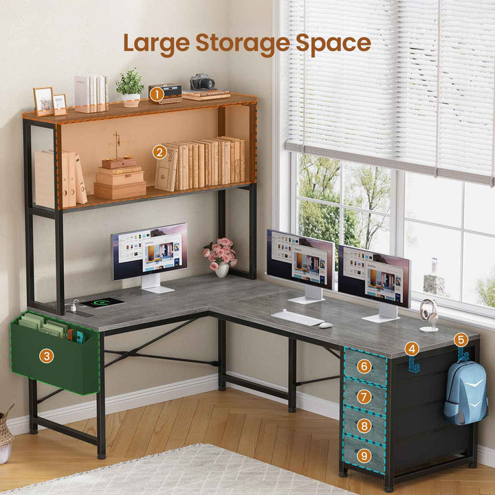 SEDETA 51.2 Inch Reversible L shaped Gaming Desk Small Corner Desk with LED Lights 4 Drawers and Storage Shelves