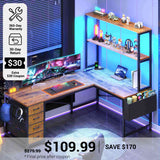 SEDETA® 51.2 Inch L Shaped Computer Desk Reversible Gaming Desk with LED Lights for Small Spaces with Drawer and Shelves