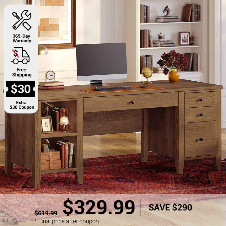 SEDETA 58 Inch Solid Pine Wood Computer Desk Executive Home Office Desk with 4 Wood Drawers and Storage Shelves for Work Study Writing