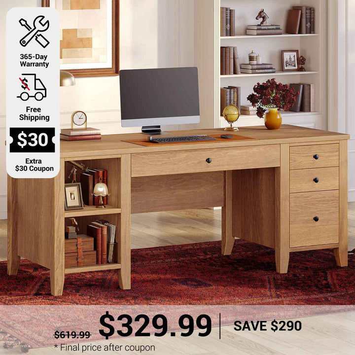 SEDETA 58 Inch Solid Pine Wood Computer Desk Executive Home Office Desk with 4 Wood Drawers and Storage Shelves for Work Study Writing