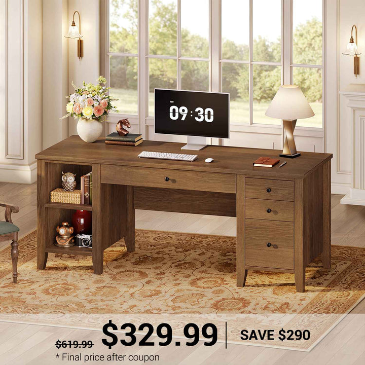 SEDETA 58 Inch Solid Pine Wood Computer Desk Executive Home Office Desk with 4 Wood Drawers and Storage Shelves for Work Study Writing