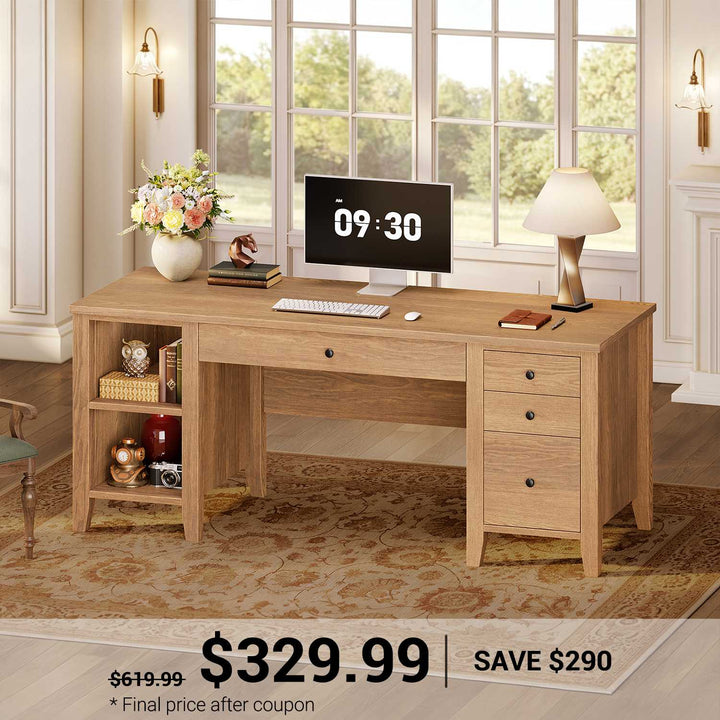 SEDETA 58 Inch Solid Pine Wood Computer Desk Executive Home Office Desk with 4 Wood Drawers and Storage Shelves for Work Study Writing