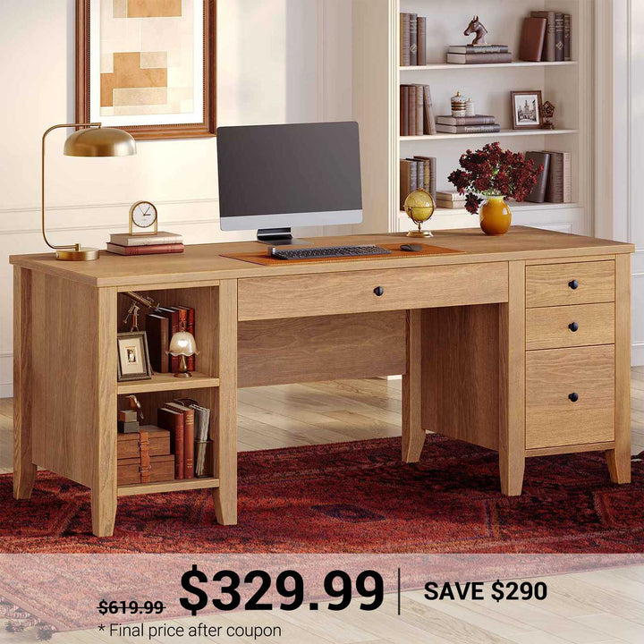 SEDETA 58 Inch Solid Pine Wood Computer Desk Executive Home Office Desk with 4 Wood Drawers and Storage Shelves for Work Study Writing