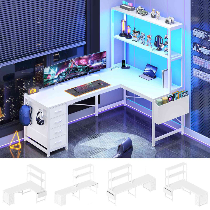 SEDETA 51.2 Inch Reversible L shaped Gaming Desk Small Corner Desk with LED Lights 4 Drawers and Storage Shelves