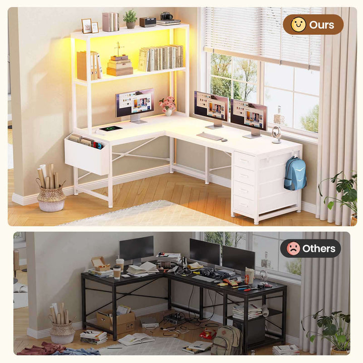 SEDETA 51.2 Inch Reversible L shaped Gaming Desk Small Corner Desk with LED Lights 4 Drawers and Storage Shelves