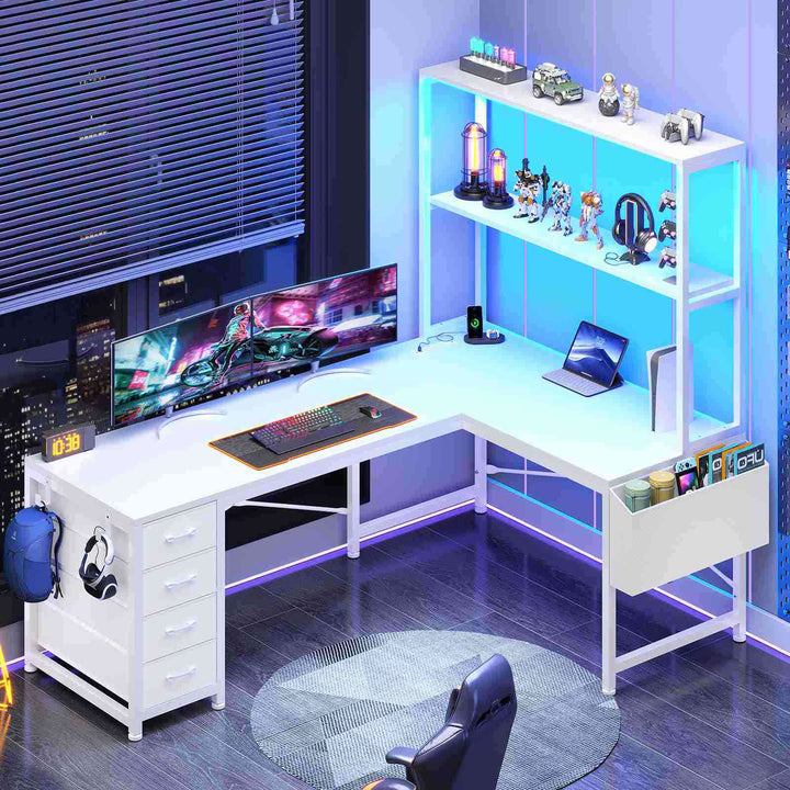 SEDETA 51.2 Inch Reversible L shaped Gaming Desk Small Corner Desk with LED Lights 4 Drawers and Storage Shelves