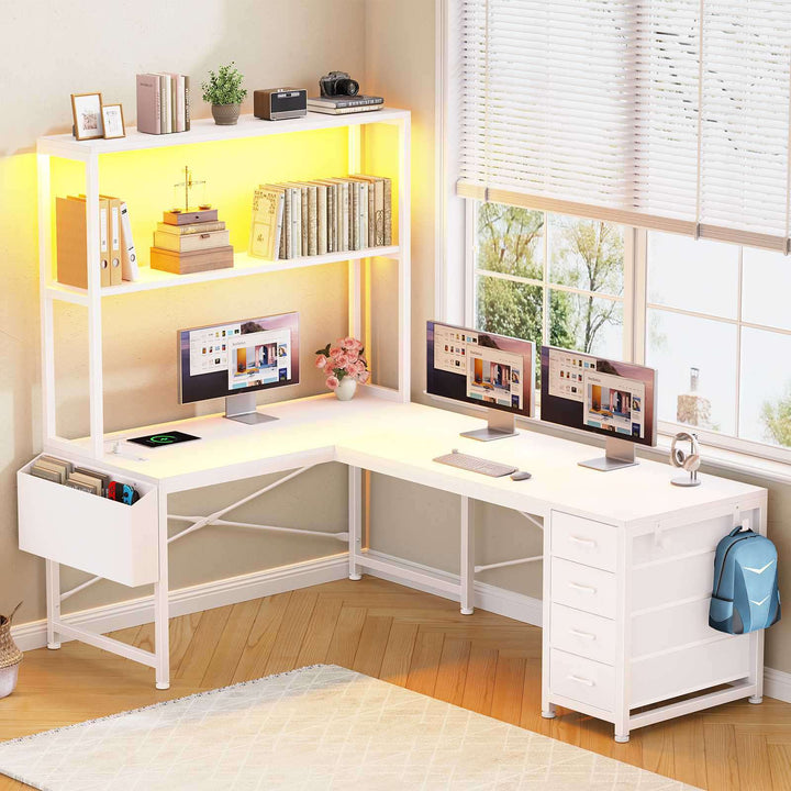 SEDETA 51.2 Inch Reversible L shaped Gaming Desk Small Corner Desk with LED Lights 4 Drawers and Storage Shelves