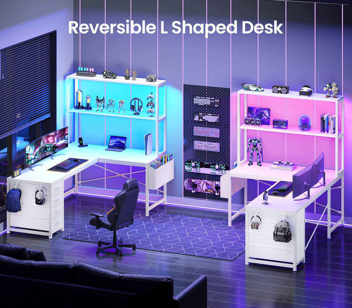 SEDETA 51.2 Inch Reversible L shaped Gaming Desk Small Corner Desk with LED Lights 4 Drawers and Storage Shelves