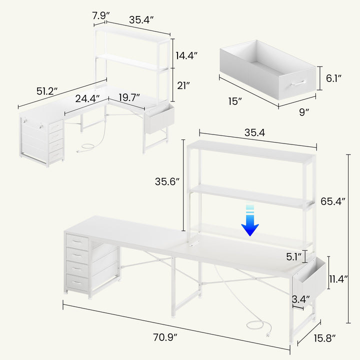 SEDETA 51.2 Inch Reversible L shaped Gaming Desk Small Corner Desk with LED Lights 4 Drawers and Storage Shelves