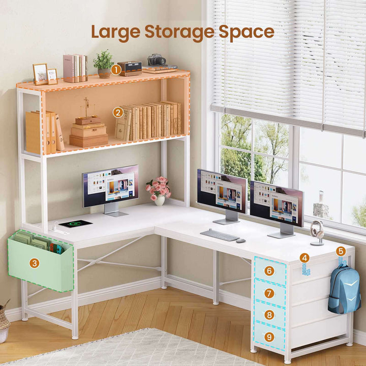SEDETA 51.2 Inch Reversible L shaped Gaming Desk Small Corner Desk with LED Lights 4 Drawers and Storage Shelves