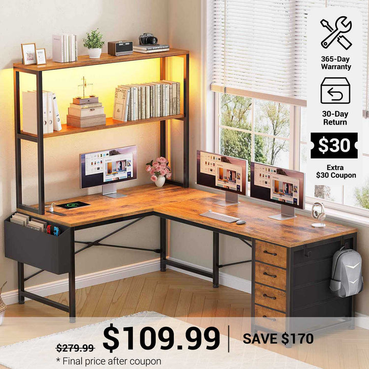 SEDETA® 51.2 Inch L Shaped Computer Desk Reversible Gaming Desk with LED Lights for Small Spaces with Drawer and Shelves