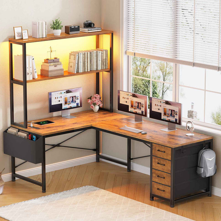SEDETA 51.2 Inch Reversible L shaped Gaming Desk Small Corner Desk with LED Lights 4 Drawers and Storage Shelves