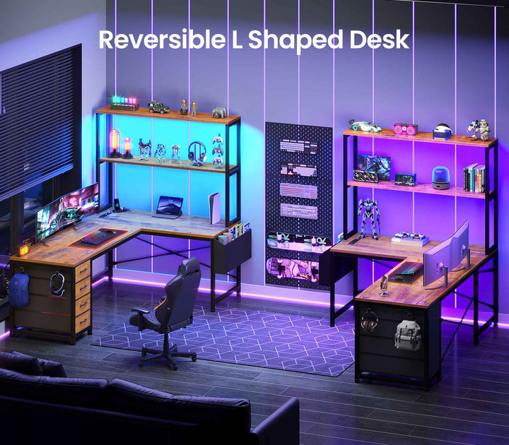 SEDETA 51.2 Inch Reversible L shaped Gaming Desk Small Corner Desk with LED Lights 4 Drawers and Storage Shelves