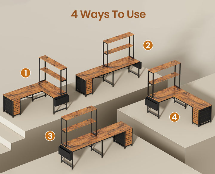 SEDETA 51.2 Inch Reversible L shaped Gaming Desk Small Corner Desk with LED Lights 4 Drawers and Storage Shelves