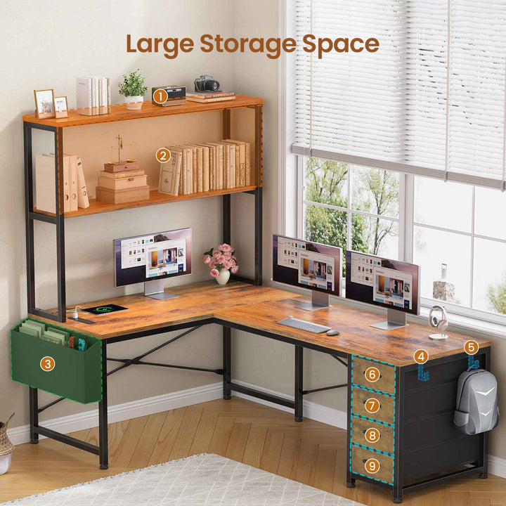 SEDETA 51.2 Inch Reversible L shaped Gaming Desk Small Corner Desk with LED Lights 4 Drawers and Storage Shelves