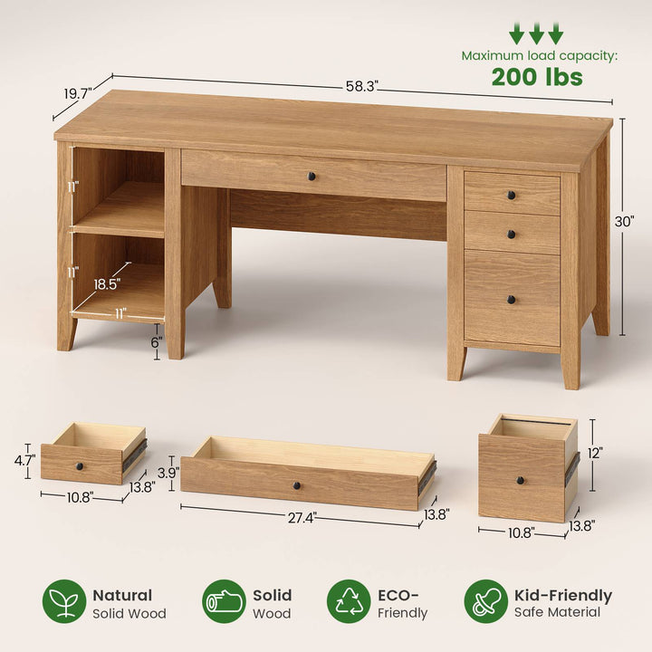SEDETA® 58 Inch Solid Pine Wood Computer Desk with 4 Wood Drawers Executive Home Office Desk with Storage Shelves for Work Study Writing
