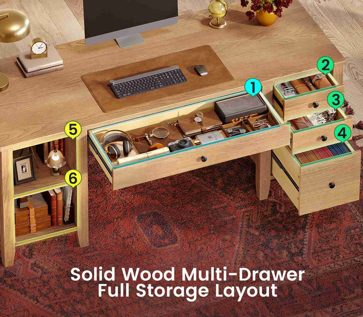 SEDETA® 58 Inch Solid Pine Wood Computer Desk with 4 Wood Drawers Executive Home Office Desk with Storage Shelves for Work Study Writing