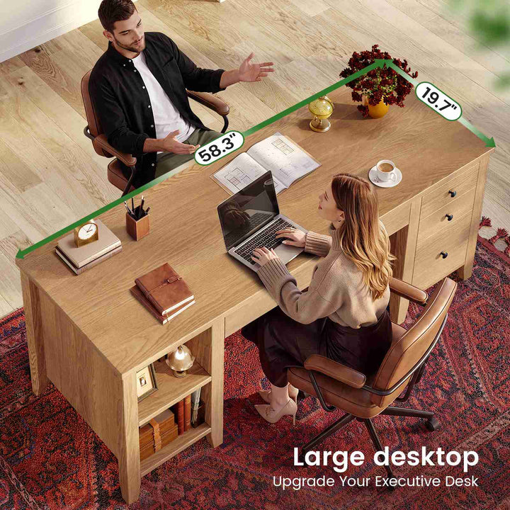 SEDETA® 58 Inch Solid Pine Wood Computer Desk with 4 Wood Drawers Executive Home Office Desk with Storage Shelves for Work Study Writing