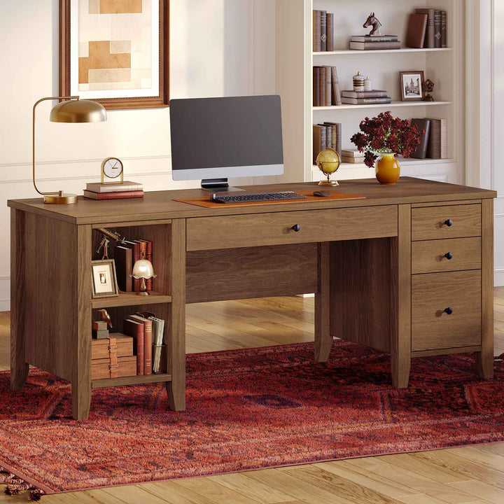 SEDETA® 58 Inch Solid Pine Wood Computer Desk with 4 Wood Drawers Executive Home Office Desk with Storage Shelves for Work Study Writing