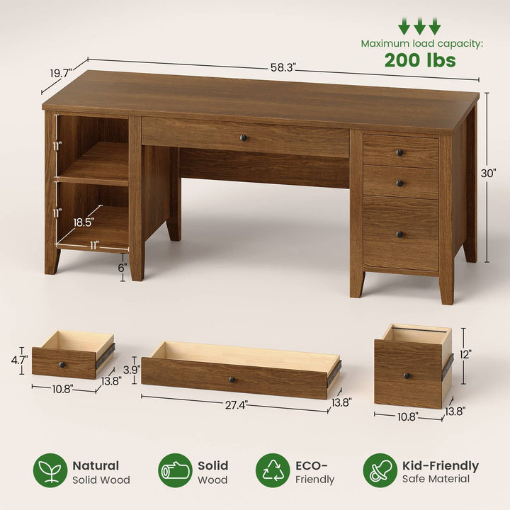 SEDETA® 58 Inch Solid Pine Wood Computer Desk with 4 Wood Drawers Executive Home Office Desk with Storage Shelves for Work Study Writing
