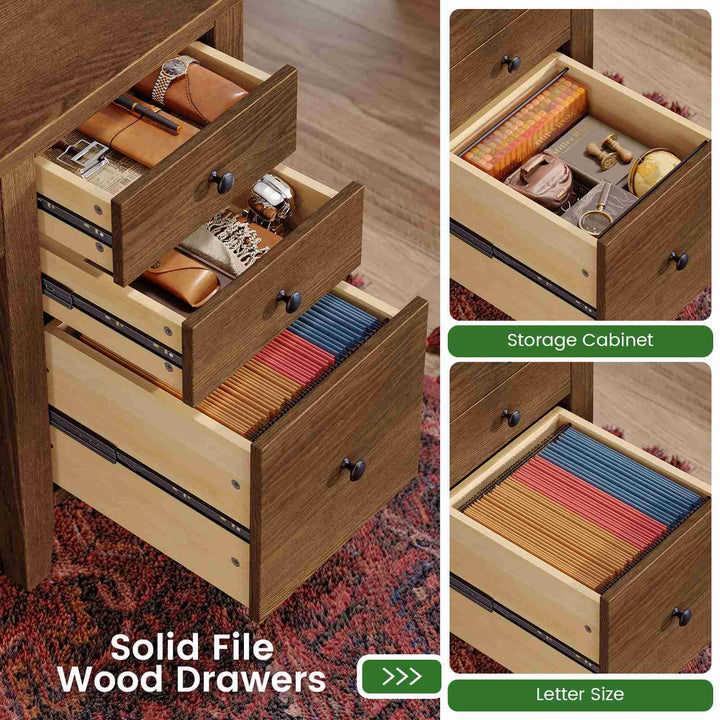 SEDETA® 58 Inch Solid Pine Wood Computer Desk with 4 Wood Drawers Executive Home Office Desk with Storage Shelves for Work Study Writing