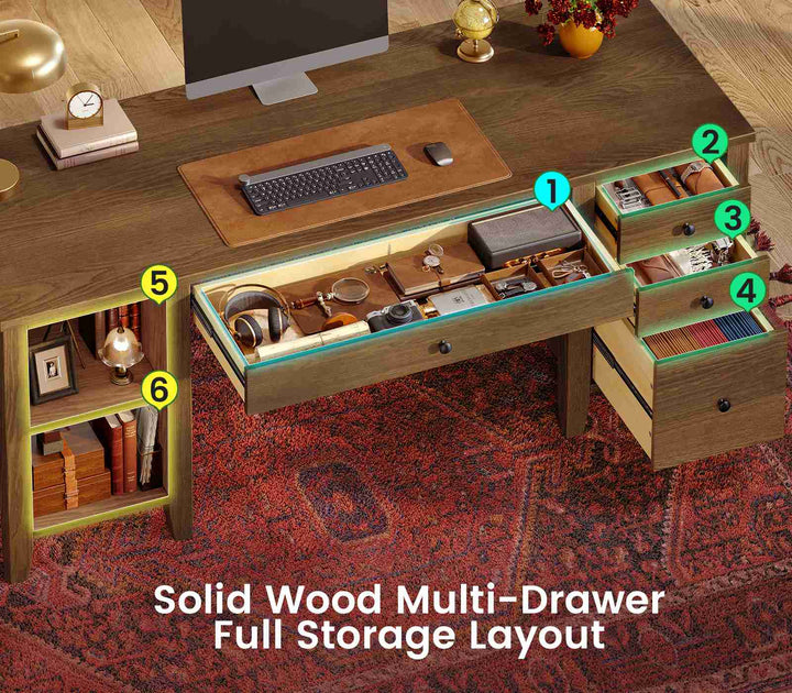 SEDETA® 58 Inch Solid Pine Wood Computer Desk with 4 Wood Drawers Executive Home Office Desk with Storage Shelves for Work Study Writing