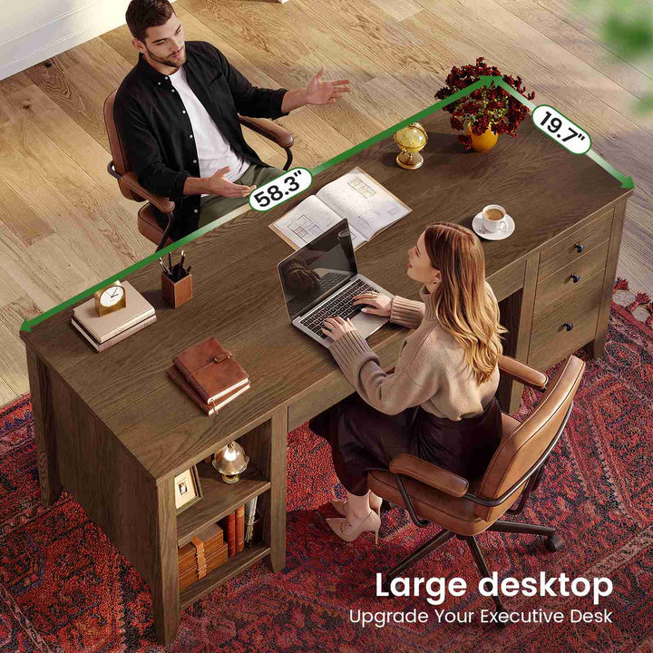 SEDETA® 58 Inch Solid Pine Wood Computer Desk with 4 Wood Drawers Executive Home Office Desk with Storage Shelves for Work Study Writing