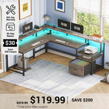 SEDETA® 66 Inch L Shaped LED Gaming Desk Home Office Corner Computer Table with Storage Shelves