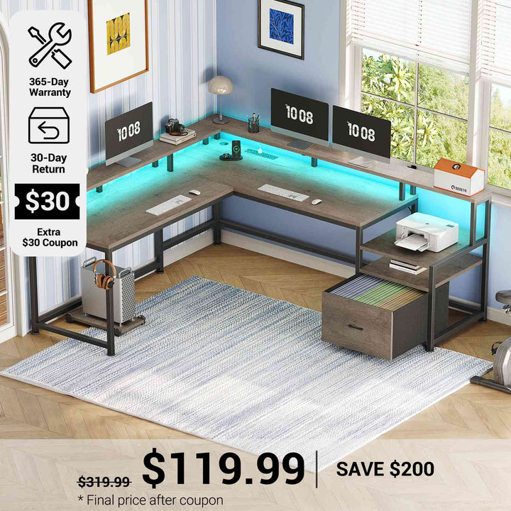 SEDETA® 66 Inch L Shaped LED Gaming Desk Home Office Corner Computer Table with Storage Shelves
