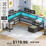 SEDETA® 66 Inch L Shaped LED Gaming Desk Home Office Corner Computer Table with Storage Shelves