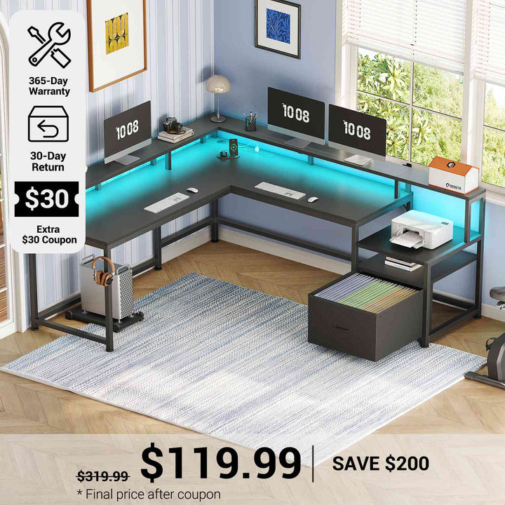 SEDETA® 66 Inch L Shaped LED Gaming Desk Home Office Corner Computer Table with Storage Shelves
