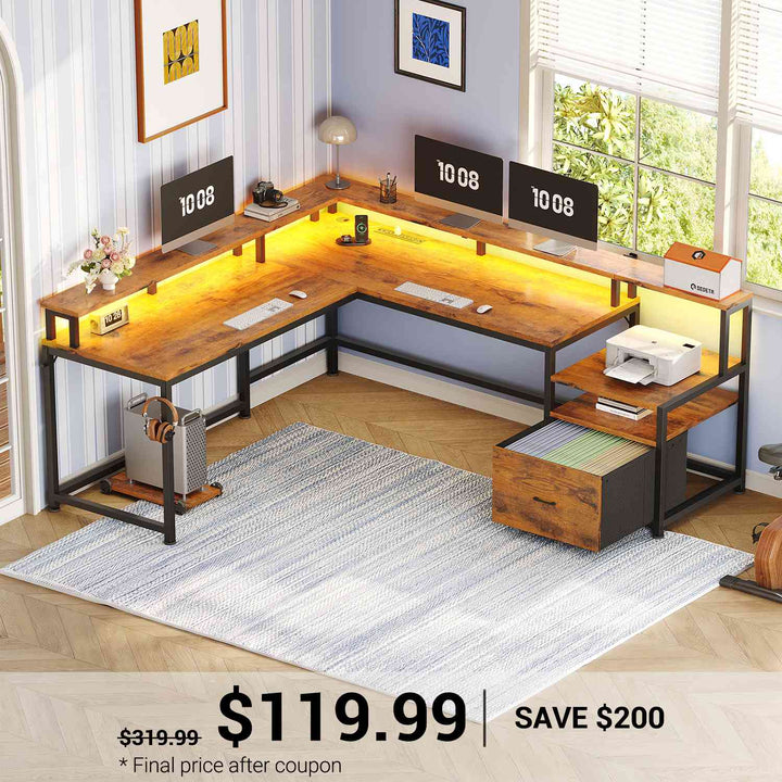 SEDETA | 66 Inch L Shaped Corner LED Gaming Computer Desk with File Drawer