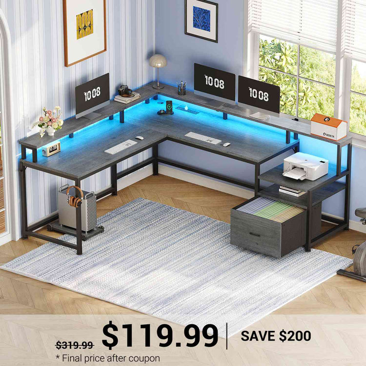 SEDETA | 66 Inch L Shaped Corner LED Gaming Computer Desk with File Drawer
