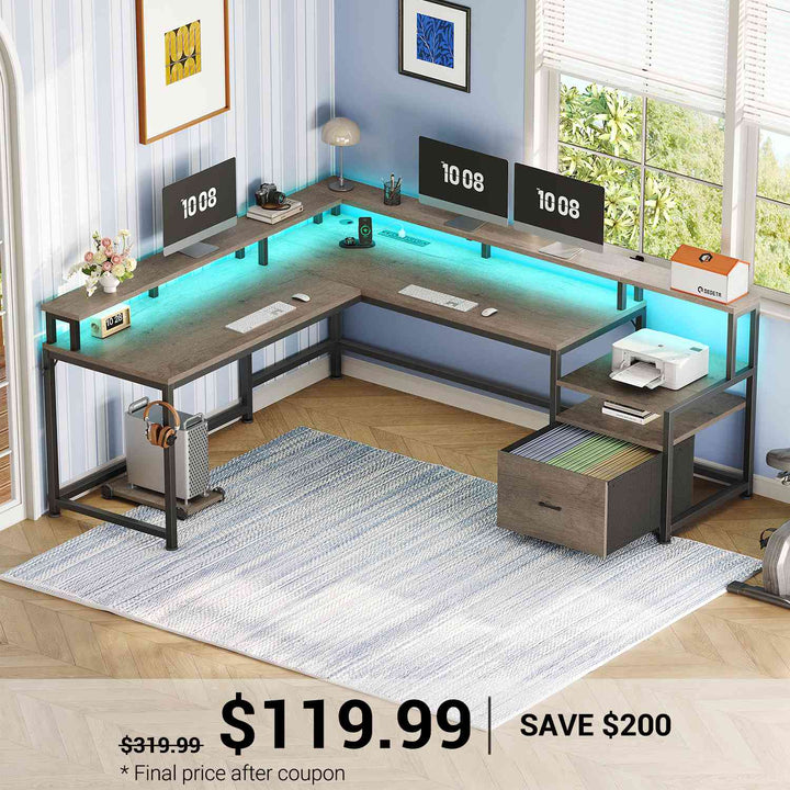 SEDETA | 66 Inch L Shaped Corner LED Gaming Computer Desk with File Drawer