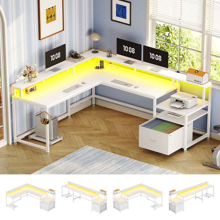 SEDETA | 66 Inch L Shaped Corner LED Gaming Computer Desk with File Drawer