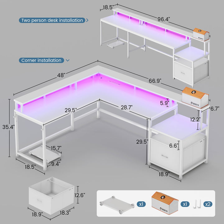 SEDETA | 66 Inch L Shaped Corner LED Gaming Computer Desk with File Drawer