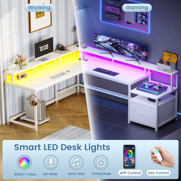 SEDETA | 66 Inch L Shaped Corner LED Gaming Computer Desk with File Drawer