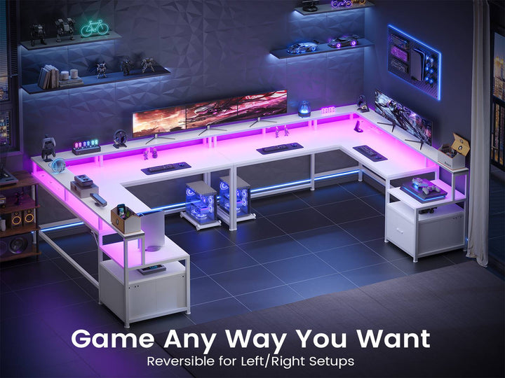 SEDETA | 66 Inch L Shaped Corner LED Gaming Computer Desk with File Drawer