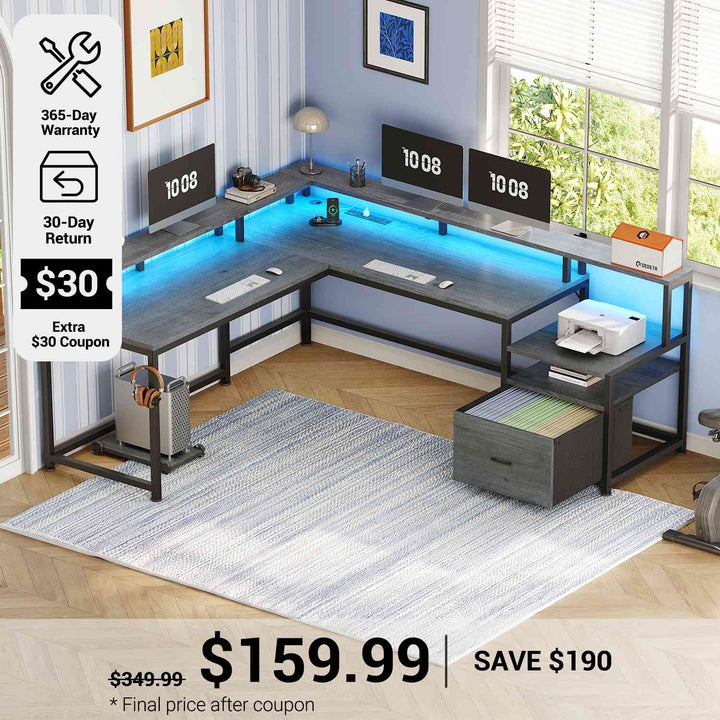 SEDETA 66 Inch L Shaped Gaming Desk Two Person Desk with Led Lights