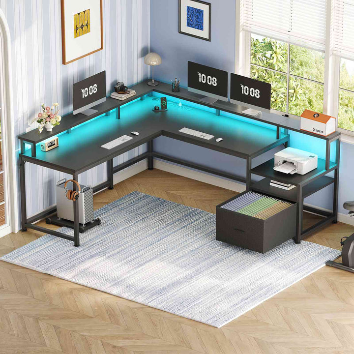 SEDETA | 66 Inch L Shaped Corner LED Gaming Computer Desk with File Drawer