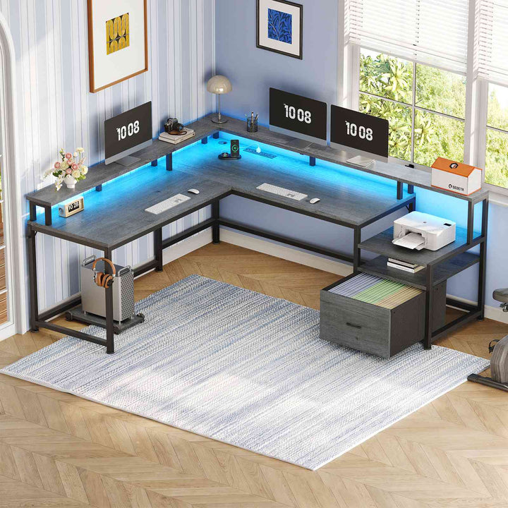 SEDETA | 66 Inch L Shaped Corner LED Gaming Computer Desk with File Drawer