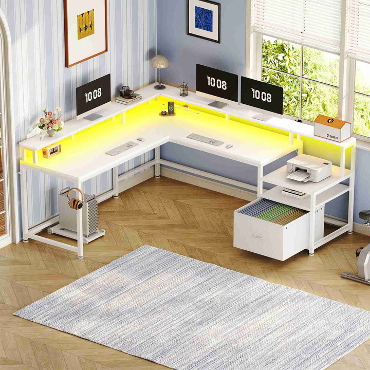 SEDETA | 66 Inch L Shaped Corner LED Gaming Computer Desk with File Drawer