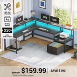 SEDETA 66 Inch L Shaped Gaming Desk Two Person Desk with Led Lights