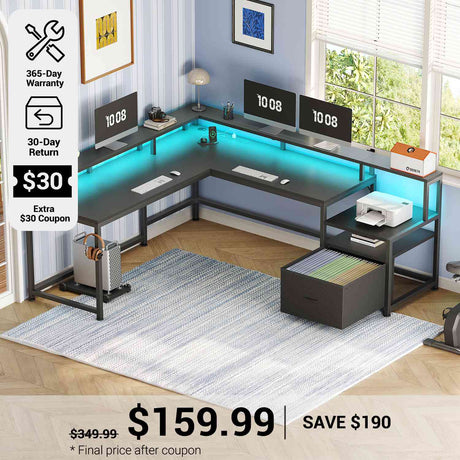 SEDETA 66 Inch L Shaped Gaming Desk Two Person Desk with Led Lights