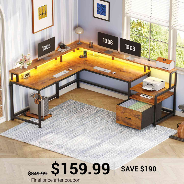 SEDETA 66 Inch L Shaped Gaming Desk Two Person Desk with Led Lights