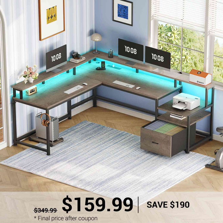 SEDETA 66 Inch L Shaped Gaming Desk Two Person Desk with Led Lights
